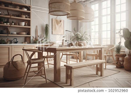 The original interior of the dining room, a table, chairs, benches, shelves and dishes made of natural wood, wicker lampshades. Ecostyle in living space. 102952960