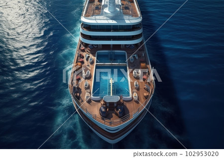 Top view of the deck of a luxury cruise ship with a swimming pool and sun loungers around it. Vacation on an ocean cruise. 102953020