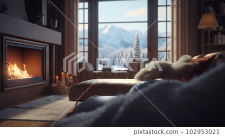 A cozy living room in a wooden chalet with a burning fireplace, a soft sofa and a fluffy carpet. Amazing view of the mountains. Rest and relaxation. 102953021