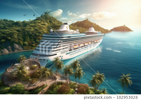 A luxury cruise ocean liner is moored at the pier of a tropical island surrounded with palms trees and beautiful mountain views. Vacation in paradise. A luxury cruise ocean liner is moored at the pier of a tropical island surrounded with palms trees and beautiful mountain views. Vacation in paradise. 102953028