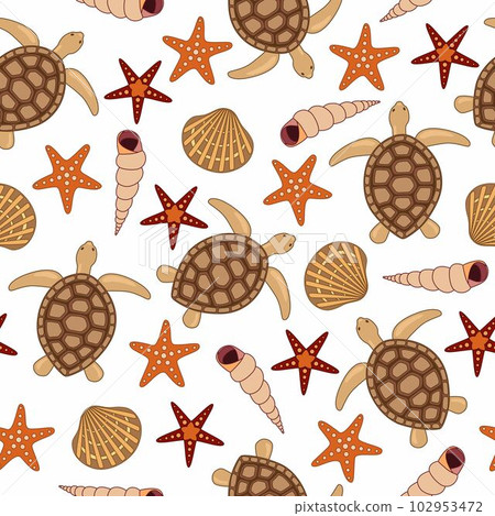 Seamless pattern with turtles and seastars and shells. Animal world under water. Ocean vector illustration. Seamless pattern with turtles and seastars and shells. Animal world under water. Ocean vector illustration. 102953472