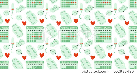 Menstrual periods seamless pattern tampon, pads, menstrual cup. Female regular menstrual cycle concept. Menstrual periods seamless pattern tampon, pads, menstrual cup. Female regular menstrual cycle concept. 102953489