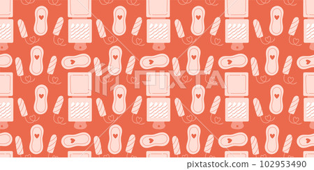 Menstrual periods seamless pattern tampon, pads, menstrual cup. Female regular menstrual cycle concept. Menstrual periods seamless pattern tampon, pads, menstrual cup. Female regular menstrual cycle concept. 102953490