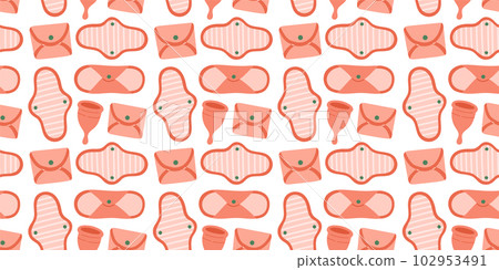 Menstrual periods seamless pattern tampon, pads, menstrual cup. Female regular menstrual cycle concept. Menstrual periods seamless pattern tampon, pads, menstrual cup. Female regular menstrual cycle concept. 102953491