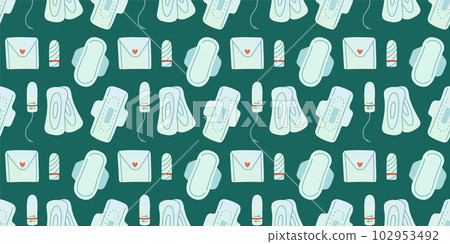 Menstrual periods seamless pattern tampon, pads, menstrual cup. Female regular menstrual cycle concept. Menstrual periods seamless pattern tampon, pads, menstrual cup. Female regular menstrual cycle concept. 102953492