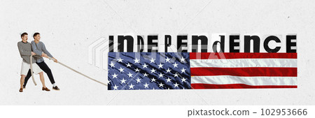 Contemporary art collage with two men pulling waving american national flag, preparing for the holiday isolated on white background. Banner Contemporary art collage with two men pulling waving american national flag, preparing for the holiday isolated on white background. Banner 102953666
