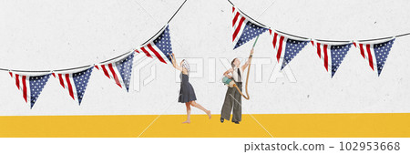 Contemporary art collage with preparation for Independence day, 4th July national holiday isolated on white background. Banner for text 102953668