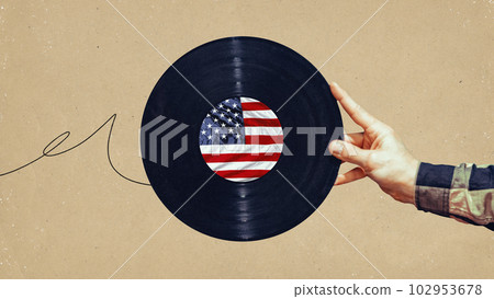 Contemporary art collage with male hand holding gramophone vinyl record with american symbolism. Happy Independence day, 4th July 102953678