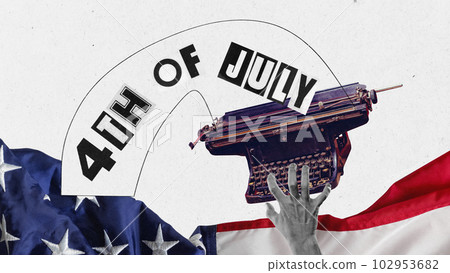 Festive greeting card Happy Independence day, 4th July national holiday. Contemporary art collage, applique. American culture, patriotism, national holiday, 4th of july 102953682