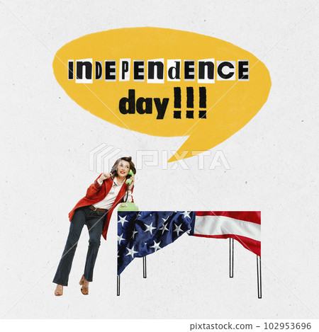 Contemporary art collage with business woman celebrating american national holiday over white background. Happy Independence day, 4th July. Usable as greeting card Contemporary art collage with business woman celebrating american national holiday over white background. Happy Independence day, 4th July. Usable as greeting card 102953696