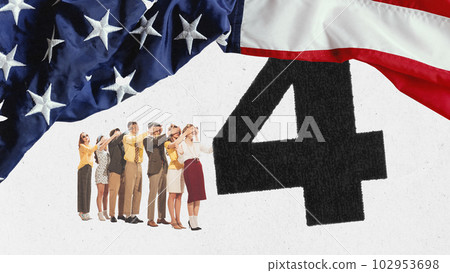 Contemporary art collage with group of people celebrating national holiday over USA flag background. Happy Independence day, 4th July. National party Contemporary art collage with group of people celebrating national holiday over USA flag background. Happy Independence day, 4th July. National party 102953698