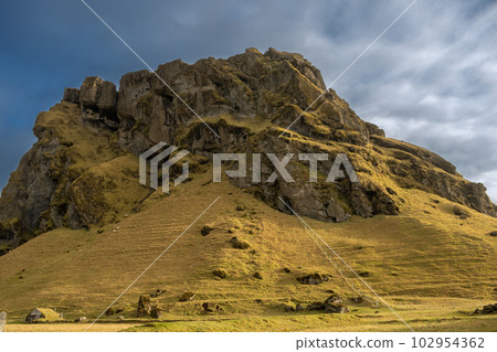 Rock with a grass and moss in the autumn, Iceland 102954362
