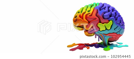 A bright colorful 3d human brain with liquid paint is isolated on white background. Generative AI A bright colorful 3d human brain with liquid paint is isolated on white background. Generative AI 102954445
