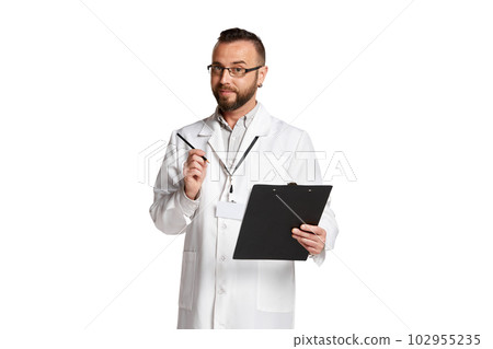 Portrait of bearded man in glasses, doctor in white lab coat with prescription papers isolated over white background 102955235
