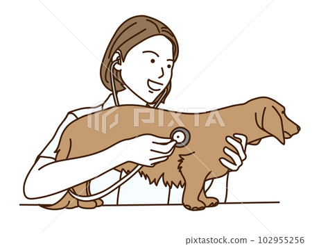 Female veterinarian holding a stethoscope to a dog Female veterinarian holding a stethoscope to a dog 102955256