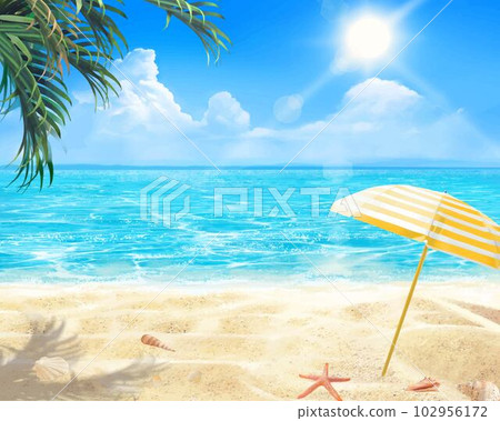 Summer fashionable frame background material of striped parasols and seashells by the sea under the blue sky where the sun shines 102956172