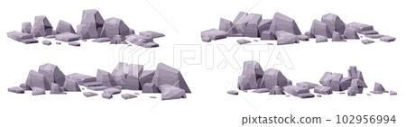 Cartoon stones collection isolated on white. Pieces of mountain rock and desert stones vector illustration Cartoon stones collection isolated on white. Pieces of mountain rock and desert stones vector illustration 102956994