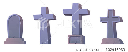 Gothic tombstones and stone crosses. Cemetery crosses, tomb mausoleum, pillar and ancient memorials with cracks Gothic tombstones and stone crosses. Cemetery crosses, tomb mausoleum, pillar and ancient memorials with cracks 102957083