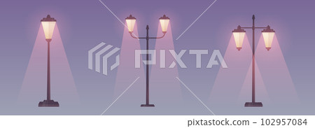 Night view of cartoon city street light collection vector illustration isolated on white 102957084