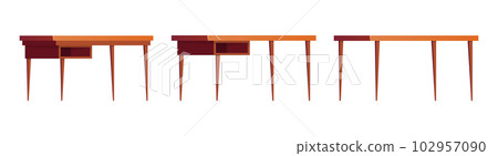 Office wooden desks for work. Collection of cartoon wooden tables, vector illustration isolated on white Office wooden desks for work. Collection of cartoon wooden tables, vector illustration isolated on white 102957090