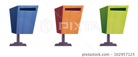 Set of colored trash cans in cartoon style vector illustration isolated on white Set of colored trash cans in cartoon style vector illustration isolated on white 102957125