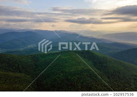 Aerial view of green pine forest with dark spruce trees covering mountain hills. Nothern woodland scenery from above 102957536