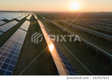 Aerial view of big sustainable electric power plant with many rows of solar photovoltaic panels for producing clean electrical energy at sunset. Renewable electricity with zero emission concept Aerial view of big sustainable electric power plant with many rows of solar photovoltaic panels for producing clean electrical energy at sunset. Renewable electricity with zero emission concept 102957625