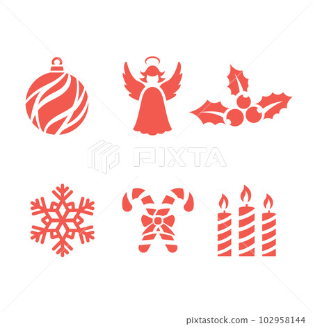 Christmas icons. Red angel, candles, ball and holly berry. New year signs collection. Isolated snowflake Christmas icons. Red angel, candles, ball and holly berry. New year signs collection. Isolated snowflake 102958144