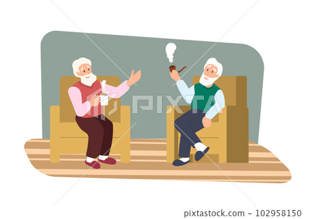 Two friends are talking in living room. Old people are resting. Grandfathers in armchairs speak. Happy pemsioner men. Isolated image Two friends are talking in living room. Old people are resting. Grandfathers in armchairs speak. Happy pemsioner men. Isolated image 102958150