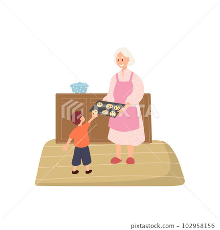 Grandmother treats grandson with cookies. Happy family scene. Smiling cartoon grandma. Isolated flat image of old woman in kitchen Grandmother treats grandson with cookies. Happy family scene. Smiling cartoon grandma. Isolated flat image of old woman in kitchen 102958156