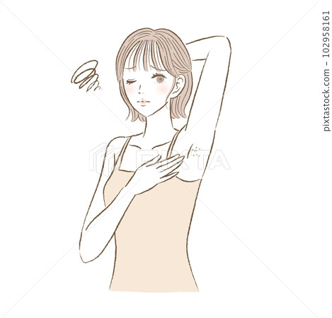 一名患有未剃除的腋毛和黑斑的年輕女性的插圖 一名患有未剃除的腋毛和黑斑的年輕女性的插圖 102958161