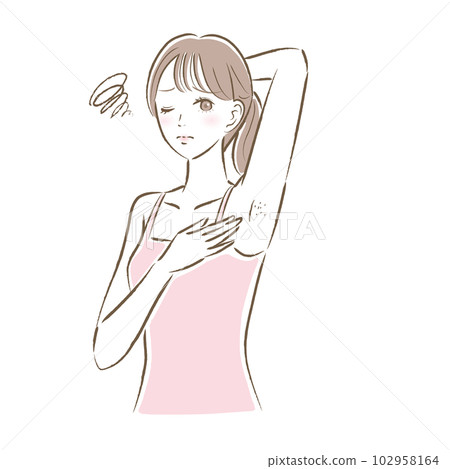 一名患有未剃除的腋毛和黑斑的年輕女性的插圖 102958164