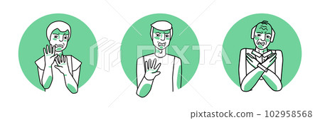 Disgust emotion male circle icons set. Young, adult and old men with a disgusted mood, negative reaction. Green color, line art drawing. 102958568