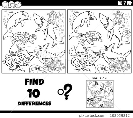 differences game with cartoon marine animals coloring page differences game with cartoon marine animals coloring page 102959212