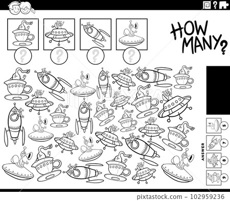 how many cartoon aliens with ufo counting game coloring page 102959236