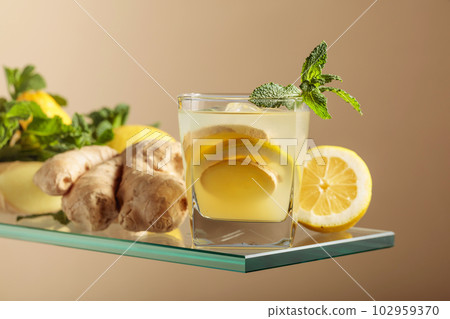 Ginger ale beer cocktail with lemon and mint in a frozen glass. 102959370