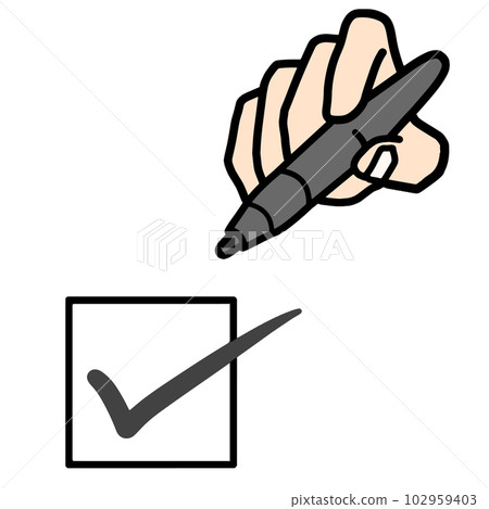 Finger and pen tip to mark a check mark in the frame Finger and pen tip to mark a check mark in the frame 102959403