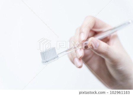 Woman's hand holding a toothbrush 102961183