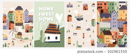 Cute houses, city buildings vector illustration. Cosy town landscape, tiny village poster background with family, people in minimal flat modern style Cute houses, city buildings vector illustration. Cosy town landscape, tiny village poster background with family, people in minimal flat modern style 102961550