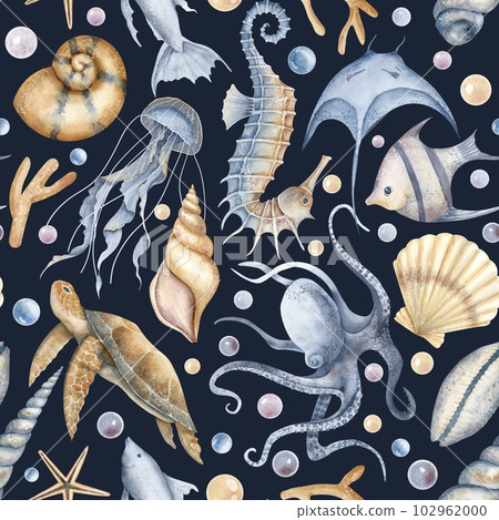 Undersea Seamless Pattern with underwater Fishes and on dark blue black background. Hand drawn illustration for textile design or wrapping paper in nautical style. Wallpaper with turtle and seahorse. 102962000