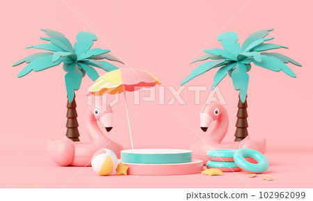 Summer pink vacation beach with Flamingo inflatable ring background concept, Minimal Realistic Display Podium for Product mock-up or Cosmetics with summer pink theme, inflatable ring. 3d rendering Summer pink vacation beach with Flamingo inflatable ring background concept, Minimal Realistic Display Podium for Product mock-up or Cosmetics with summer pink theme, inflatable ring. 3d rendering 102962099