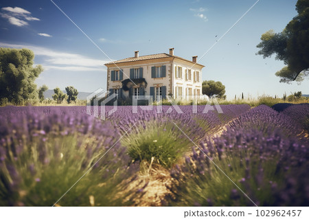 Beautiful view of old house in Provence on a bright sunny day with a lavender field in the foreground.Generative AI 102962457