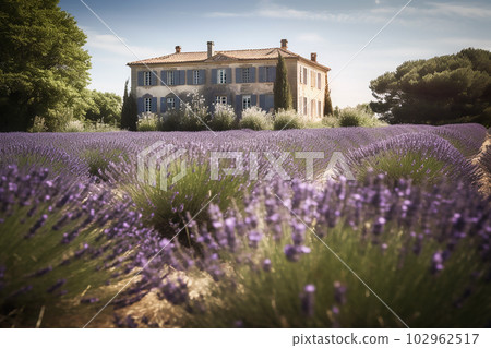 Beautiful view of old house in Provence on a bright sunny day with a lavender field in the foreground.Generative AI 102962517