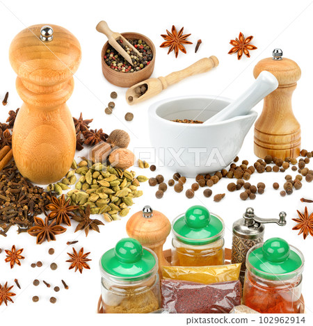 Set of spices and seasonings isolated on white . Collage. Set of spices and seasonings isolated on white . Collage. 102962914