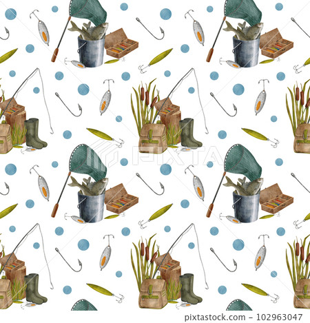 Watercolor fishing seamless pattern. Hand drawn fishing rod, landing net, bucket with fish, reed plant, rubber boots and lure isolated on white background. Summer catching fish hobby repeated design 102963047