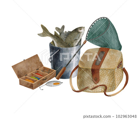 Watercolor fishing composition. Hand drawn fishing lure, landing net, metal bucket with fish, wicker creel isolated on white background. Angling sport hobby equipment. Catching fish illustration Watercolor fishing composition. Hand drawn fishing lure, landing net, metal bucket with fish, wicker creel isolated on white background. Angling sport hobby equipment. Catching fish illustration 102963048