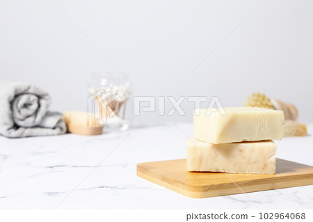 Concept of bath and skin care accessories - soap 102964068