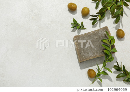 Concept of bath and skin care accessories - soap 102964069