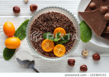 Concept of delicious and sweet food - chocolate mousse Concept of delicious and sweet food - chocolate mousse 102964141