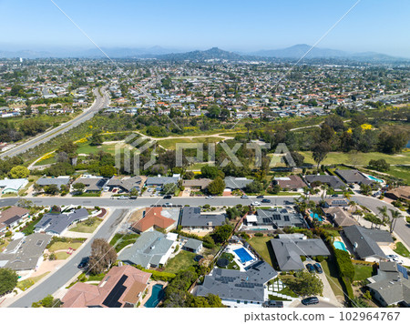 Aerial view of house in La Mesa City in San Diego, California Aerial view of house in La Mesa City in San Diego, California 102964767